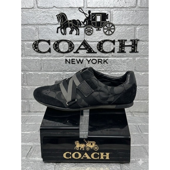 Coach Shoes - Coach Signature 🖤Jacquard Z-Strap Sneakers Black Grey Suede Trim Low Top Shoes